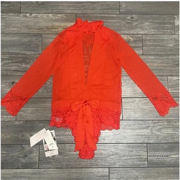 NWT $148 Free People Take HAH Bow Bodysuit Large Red Sheer Lace S L XL - Picture 8 of 11